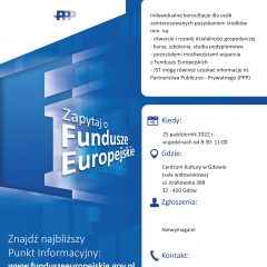 We wtorek, 25 października 2022 r w godz. 8.30-11.00 w Centrum Kultury w Gdowie będzie funkcjonował Punkt Informacyjny Funduszy Europejskich.