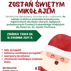 „Zostań Świętym Mikołajem”. Szkolne Koło Wolontariatu w Winiarach zaprasza do udziału w akcji na rzecz hospicjum