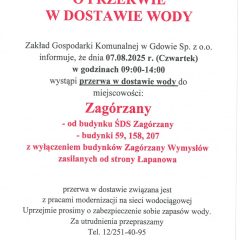 Zawiadomienie o przerwie w dostawie wody – Zagórzany