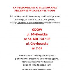 ZAWIADOMIENIE O PLANOWANEJ PRZERWIE W DOSTAWIE WODY 